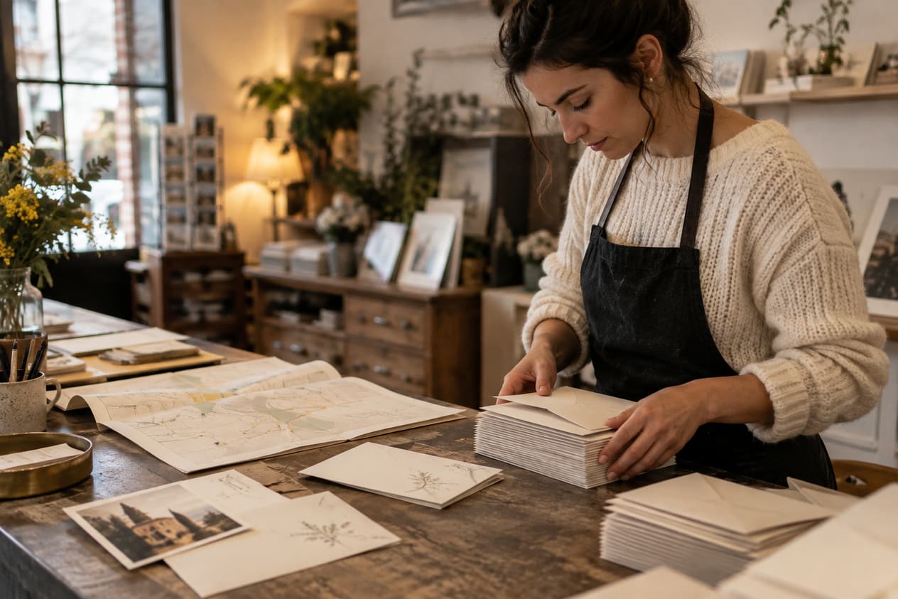 Cartons d’invitation, affiche pliée et plan de diffusion sur un comptoir