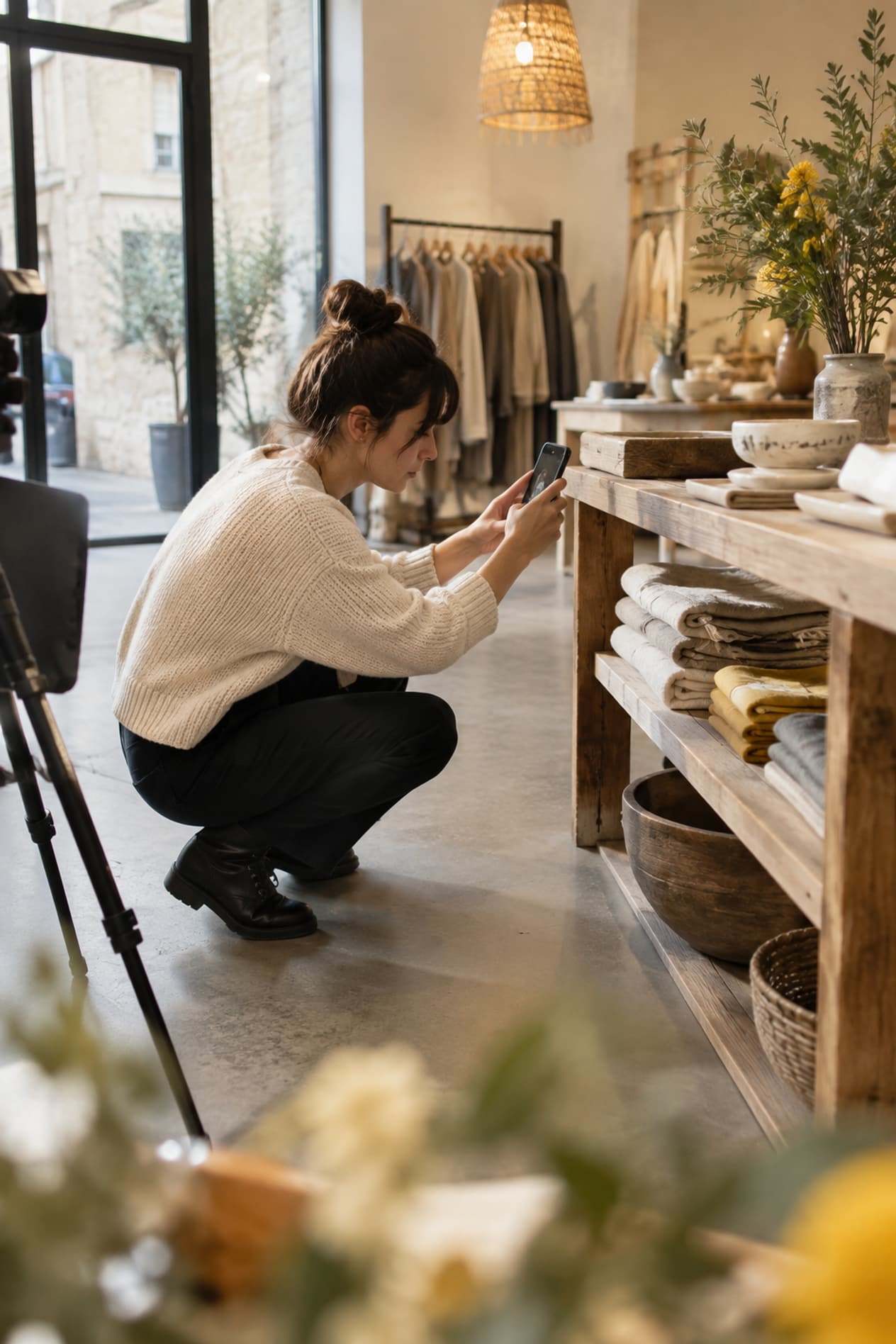 Une vendeuse photographie une pile de linge plié au téléphone