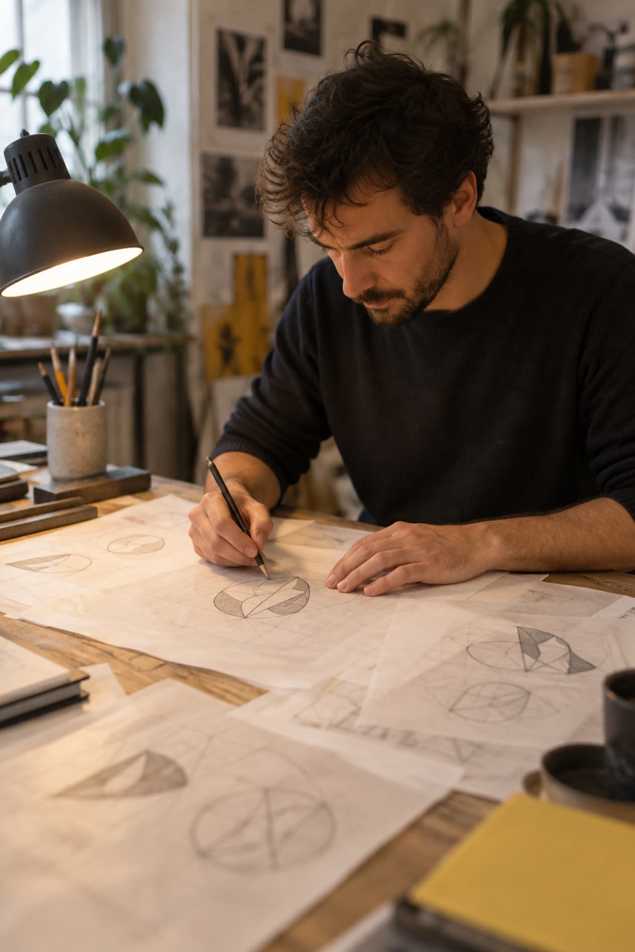 Une graphiste dessine un symbole au crayon sur calque