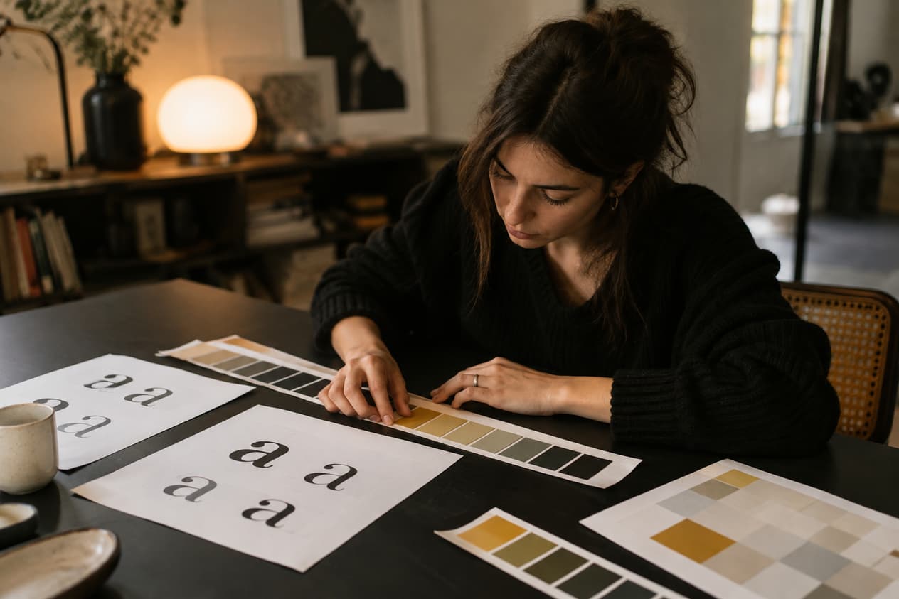 Nuancier, spécimens typographiques et grille imprimée sur une table