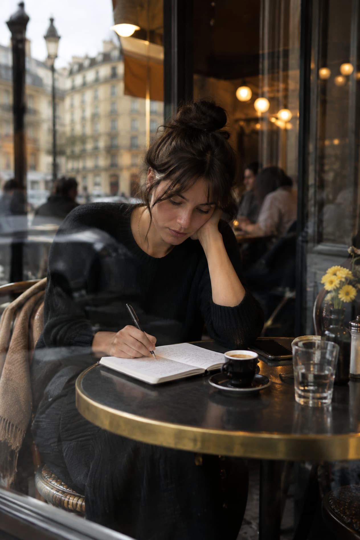 Une personne note et rature des idées de noms dans un carnet