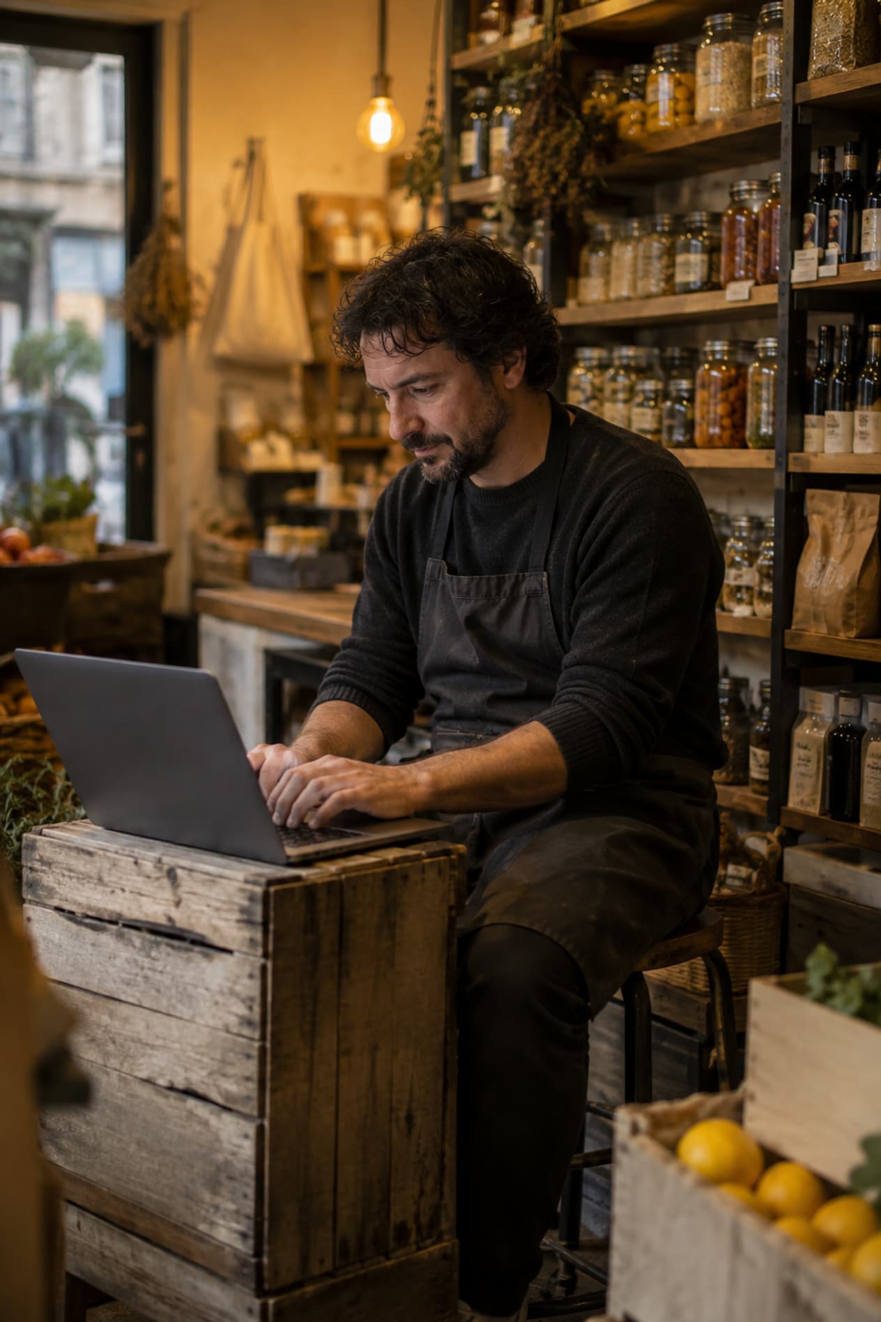 Un épicier rédige sa newsletter assis sur un tabouret après la fermeture