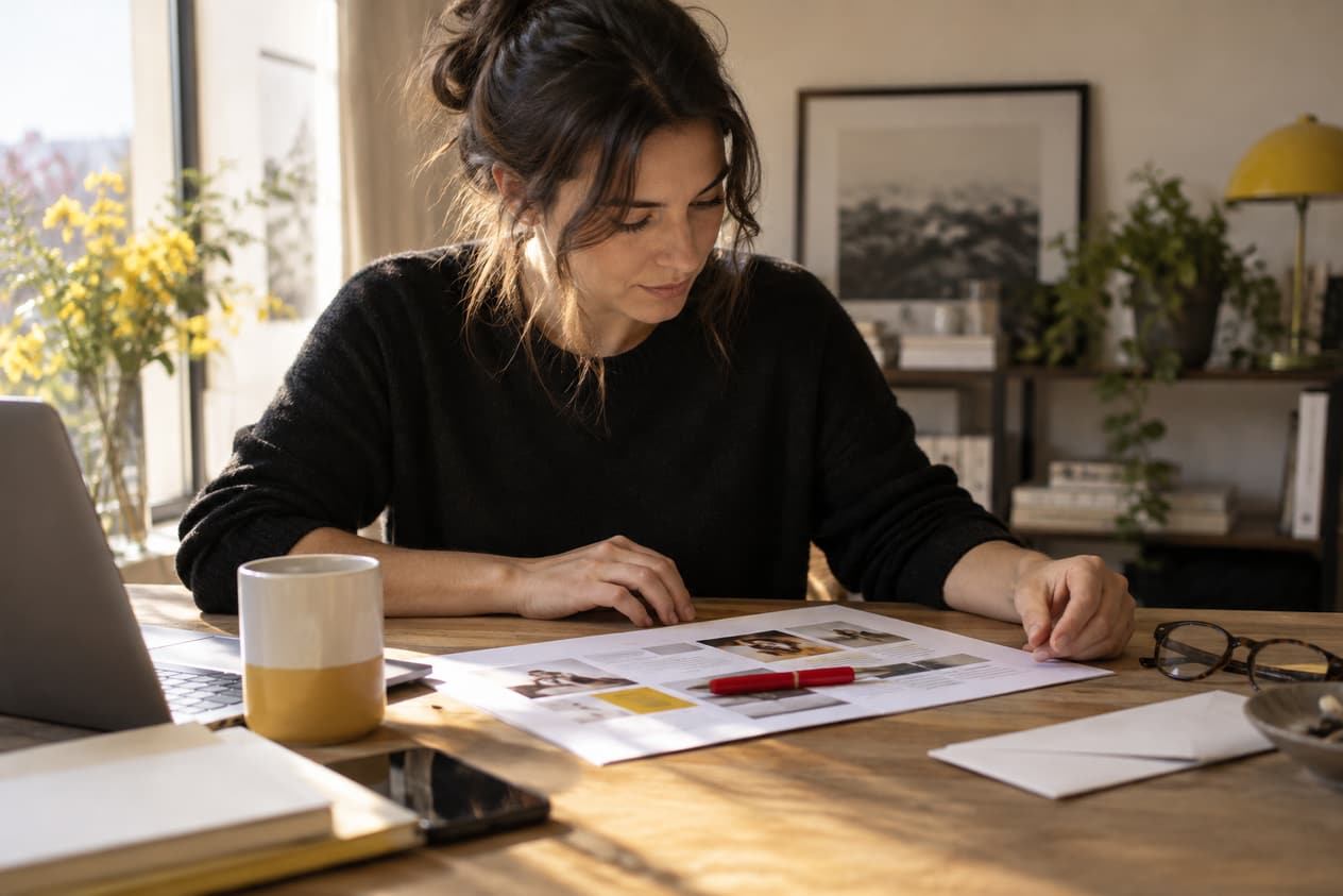 Une maquette de newsletter imprimée annotée au stylo rouge