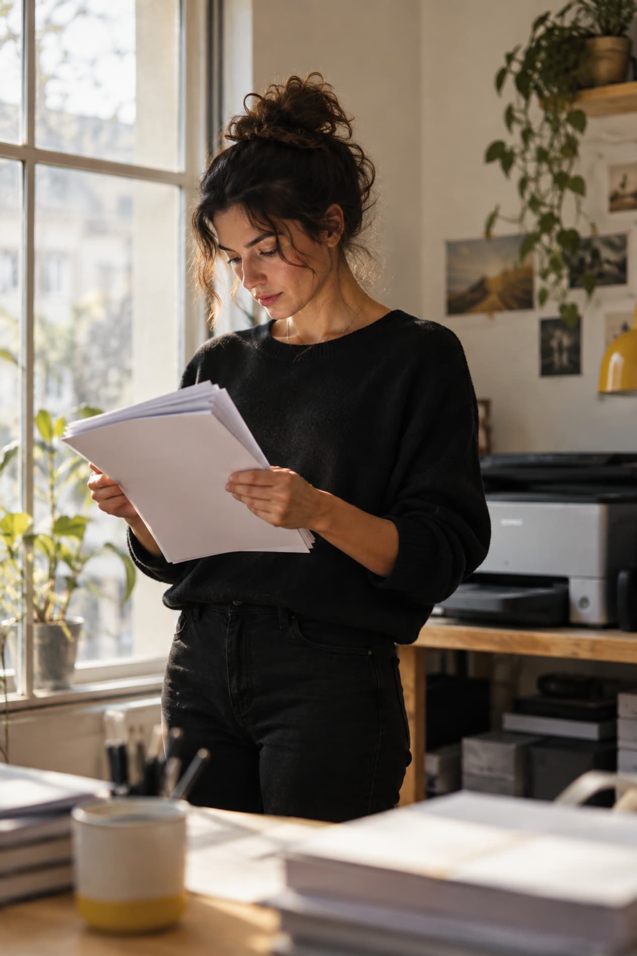 Une femme relit une pile de pages fraîchement imprimées près de la fenêtre