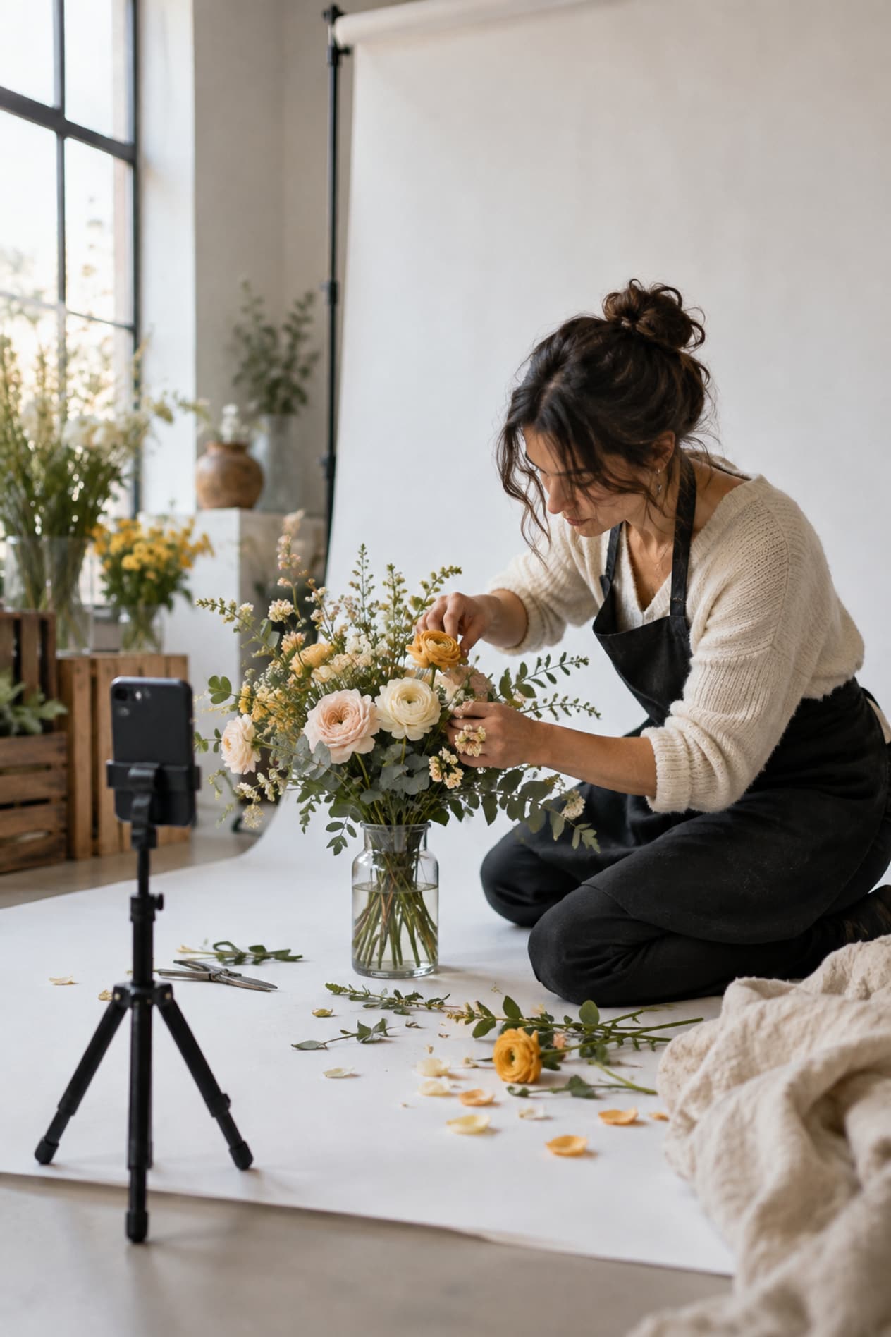 Une fleuriste met en scène un bouquet devant un téléphone sur pied