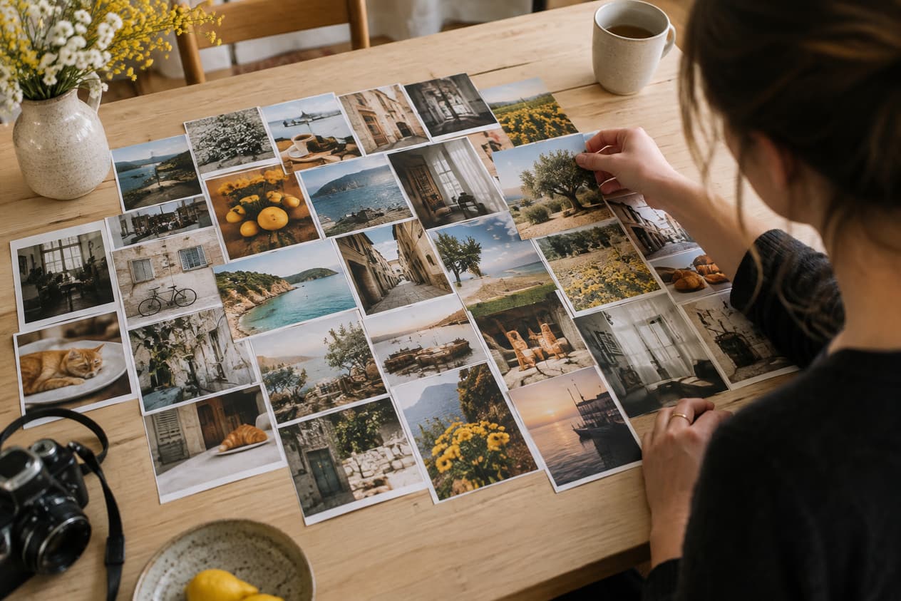 Trente petits tirages photo étalés en rangées serrées