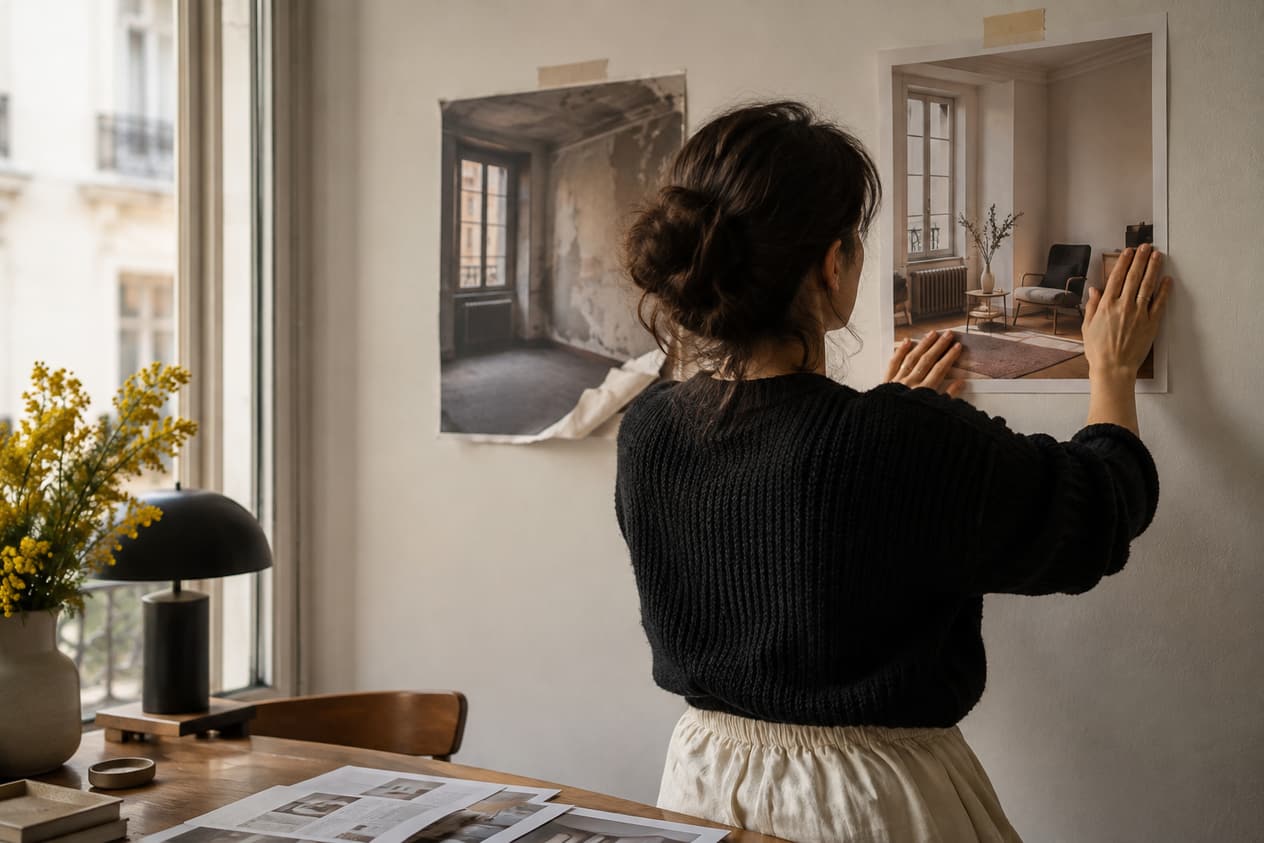 Maquettes papier avant et après scotchées sur un mur nu