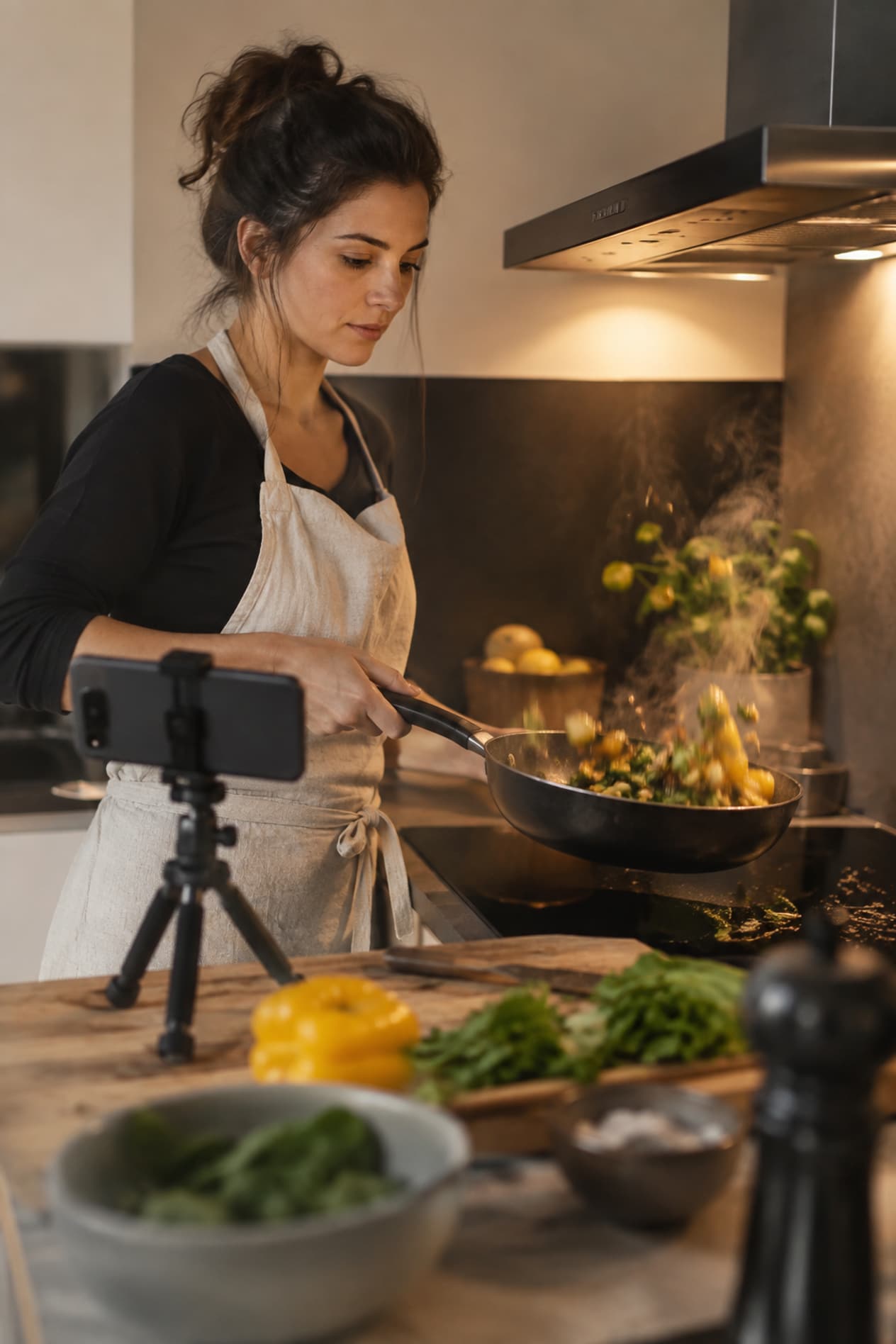 Un cuisinier filme sa poêle avec un téléphone sur trépied