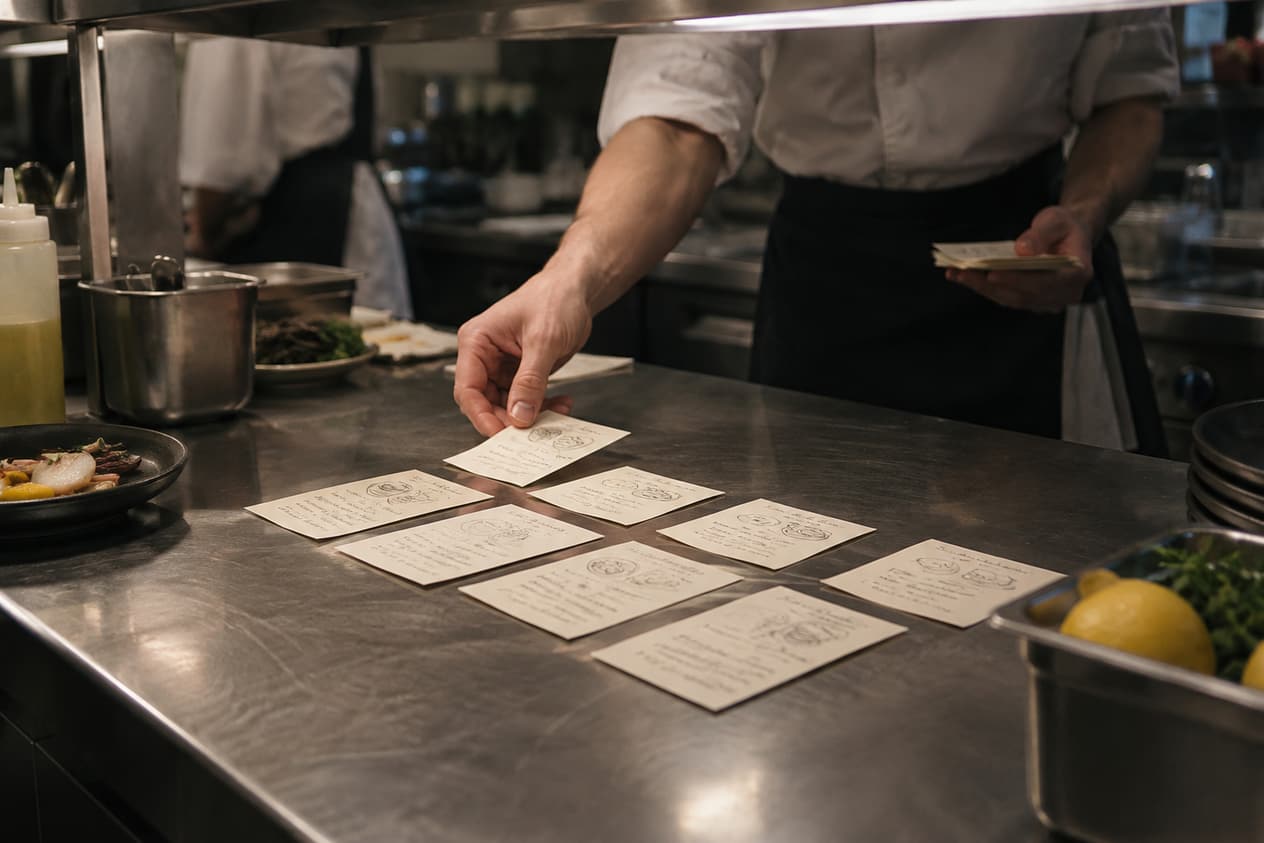 Dix fiches manuscrites de plans étalées sur un passe de cuisine