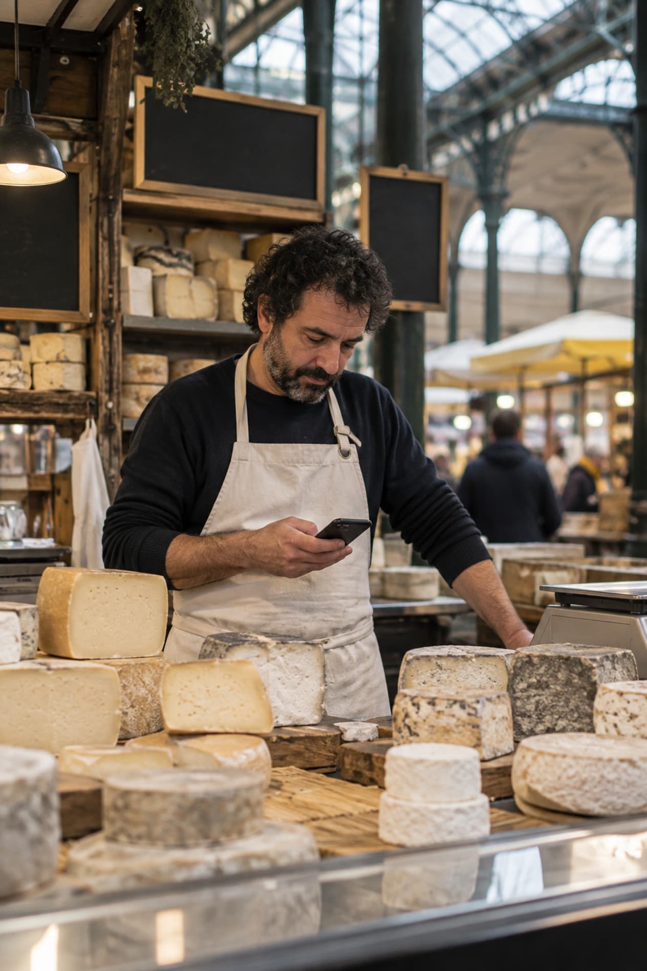 Un fromager consulte son téléphone entre deux clients sous la halle