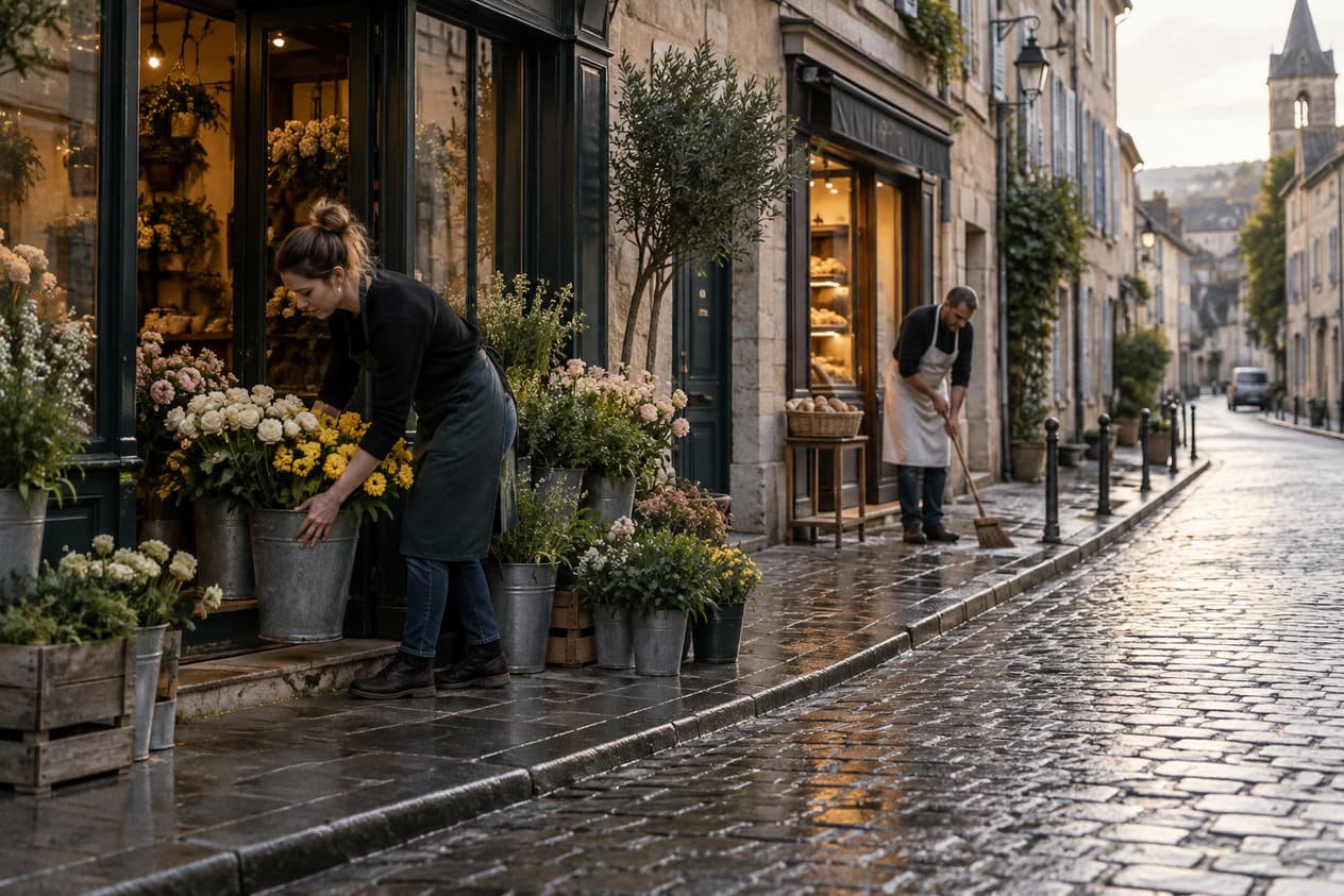 Une rue commerçante de province qui ouvre boutique au petit matin